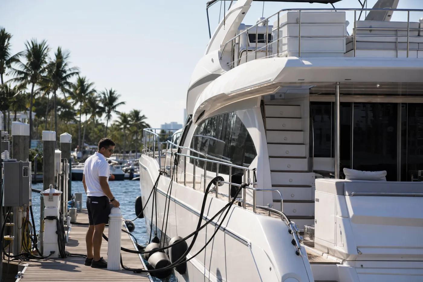 A yacht alongside a Florida fuel dock in humid afternoon light